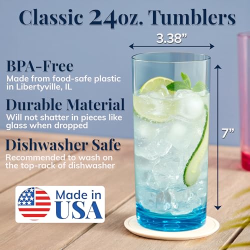 US Acrylic Classic Plastic Reusable Drinking Glasses (Set of 6) 24oz Iced Tea Cups Assorted Colors | BPA-Free Tumblers, Made in USA | Top-Rack Dishwasher Safe - color: Assorted, size: Iced-Tea Tumblers