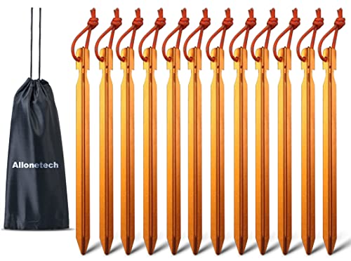 12 Pack Tent Stakes, 7075 Ground Metal Camping Aluminum Tent Pegs, Lightweight Tent Stakes Heavy Duty Spikes Camping Accessories - color: Apricot Orange