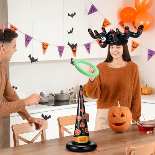 Jenaai 25 Pcs Halloween Ring Toss Game Include 5 Inflatable Witch Hat, 18 Plastic Rings for Ring Toss, 2 Inflatable Spider with Air Pump for Halloween Indoor Outdoor Carnival Party Supplies