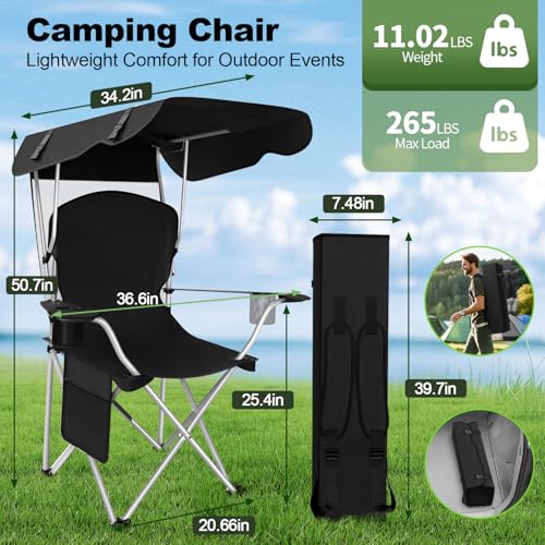 VTOY Portable Camping Chair with Canopy - Folding Chair with Canopy, Durable 600D Oxford Canopy Chair for Camping, Beach, Picnics, Fishing & Sports - color: 1pack Black