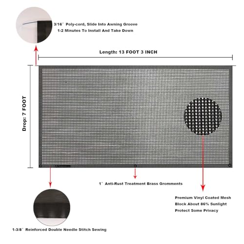 Tentproinc RV Awning Sun Shade Screen 7' X 13' 3'' (Fit for 14' Awning) Mesh Shadescreen Sunshade UV Blocker Motorhome Camping Trailer Awning Shade Screen Sunscreen - 3 Year Warranty (Black) - color: Black, size: 7' x 13'3'' -Actual Measurement