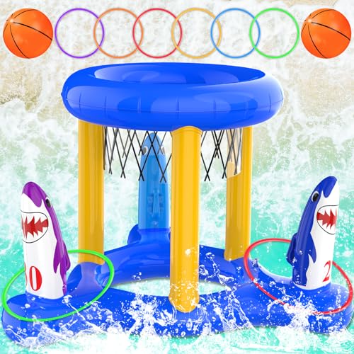 H-Style Pool Toys Pool Floats Pool Games for Kids Adult, Inflatable Pool Basketball Hoop & Ring Toss Game, 2-in-1 Pool Floating Outdoor Party Water Toy for Adults Family Kids Ages 4-8-12 (Blue-1)