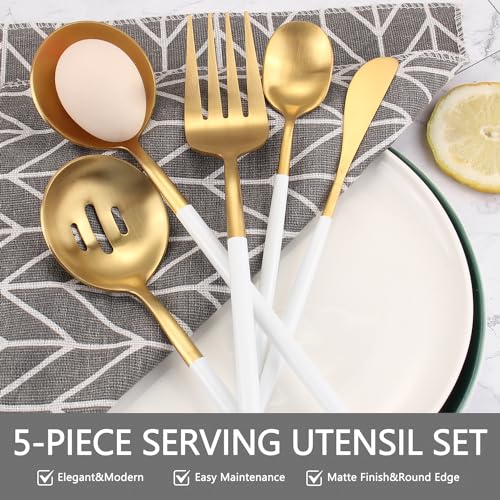 Serving Utensils,Set of 5 Matte Whitegold Large Serving Spoon,Slotted Serving Spoon and Serving Fork,with Sugar Spoons and Butter Knife,Stainless Steel Serving Utensils Set for Party Catering Buffet - color: Whitegold