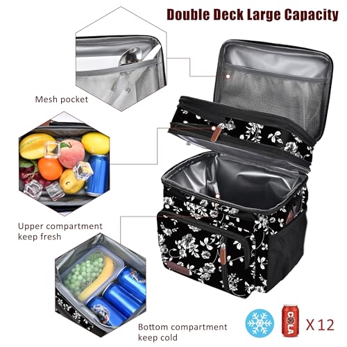 MIYCOO Lunch Bag & Lunch Box for Women Men, Double Deck Leakproof Insulated Soft Large Adult Camping Cooler bag for Work, Beach, Picnic, Travel (White Flower, 15L) - color: White Flower