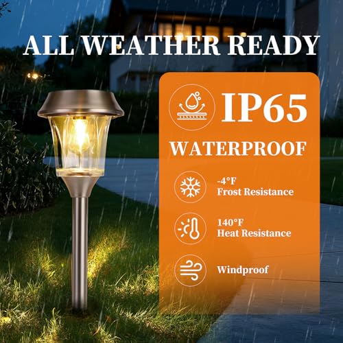 Solar Pathway Lights Outdoor 4 Pack, Stainless Steel & Glass Solar Garden Lights, Auto Dusk to Dawn IP65 Waterproof LED Path Lights for Yard, Lawn, Walkway, Driveway - color: Silver