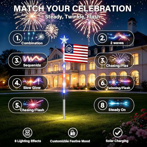 8 Piece Solar American Flag Pathway Lights, US Solar Flag Lights with 8 Lighting Modes, Patriotic Red White Blue Waterproof LED Outdoor Yard Garden Decorations for 4th of July (C) - color: C