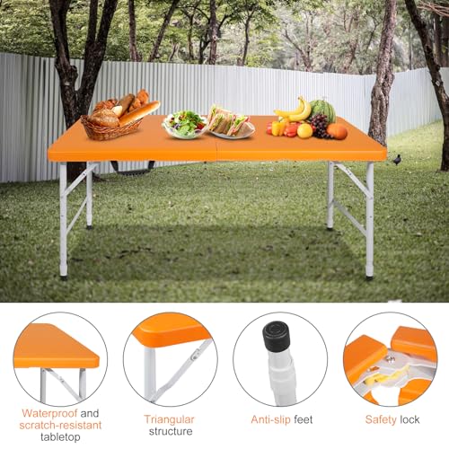 Portable 4Ft Folding Table, Heavy Duty Plastic Fold-in-Half Utility Foldable Table Small, Adjustable Height Plastic Folding Table with Carrying Handle for Camping &Party Indoor/Outdoor(Orange) - color: Orange, size: 4Ft