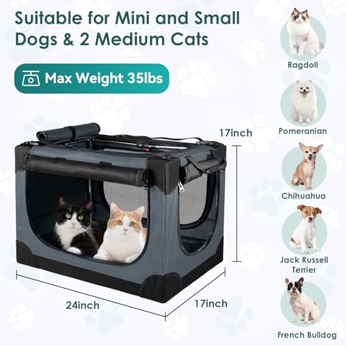 Soft Small Dog Crate - 24 inch Portable Travel Puppy Crate for Small Pets or 2 Cats, Collapsible Pet Carrier with 4 Mesh Doors, Car Kennel for Dogs with Handle for Indoor and Outdoor, Grey - color: Grey