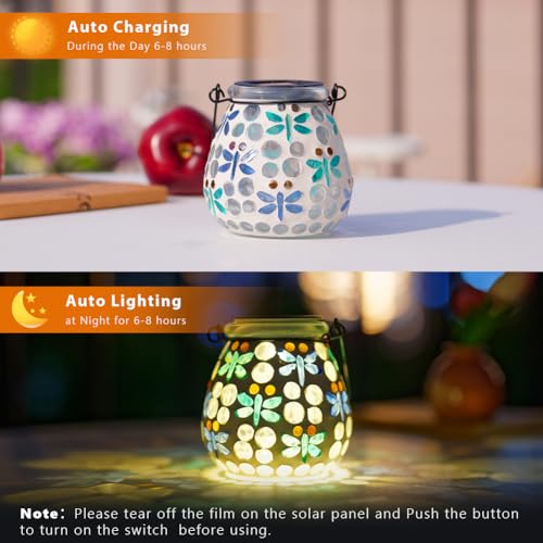 Stargarden Mosaic Solar Lanterns Outdoor Waterproof, Dragonfly Lanterns Decorative Outdoor, Glass Hanging Solar Lights Table Lamp for Yard, Garden Decor - color: Dragonfly