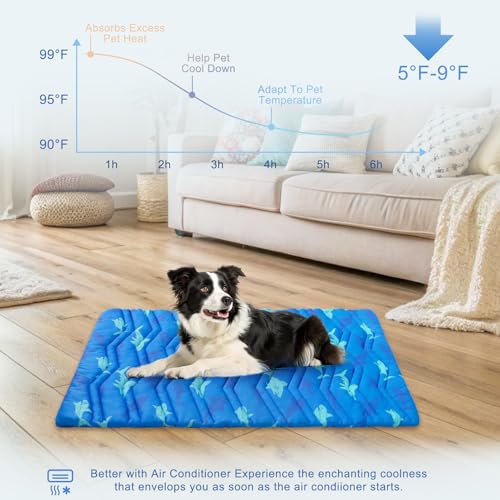 BEAUTYZOO Dog Cooling Mat- Upgraded Thicken Cooling Mat for Large Dogs Reversible(Cool & Warm) Pet Ice Cool Bed Washable & Portable, Summer Crate Pad for Big Dog Puppy Up to 80 lbs, Shark Blue 48X28IN - color: Shark Blue, size: 48.0"L x 28.0"W x 1.0"Th(L)