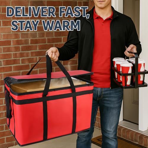 Cooler Insulated Food Delivery Bag & Drink Carrier with Hard Bottom, XXX-Large Grocery Catering Travel Thermal Frozen Carrier, Pizza Bags for Commercial Delivery, Cold Warmer Accessories - color: Red Bag with Drink Carrier, size: 23" x 14" x 15"