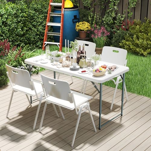 Folding Table 4 Foot Portable Heavy Duty Plastic Fold-in-Half Utility Table Small Indoor Outdoor Adjustable Height Folding with Carrying Handle, Camping and Party White - color: White, size: 4Ft