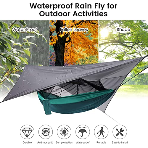Camping Hammock with Mosquito Net & Rain Fly Tent Tarp & Tree Straps Portable Strong Nylon Hammock Parachute Tent w/Storage Bag for Camping Hiking Backyard Outdoor Backpacking Travel - color: Blue+green