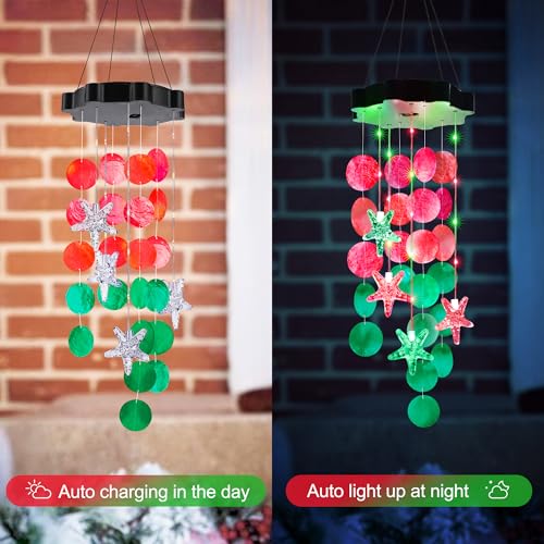 Solar Shell Gift for Mom Grandma Girls, Christmas Red & Green Solar Wind Chimes for Outside,Christmas Decorative Mobile Lights for Garden, Yard, Patio, Window, Party, Outdoor Decorations - color: Red & Green