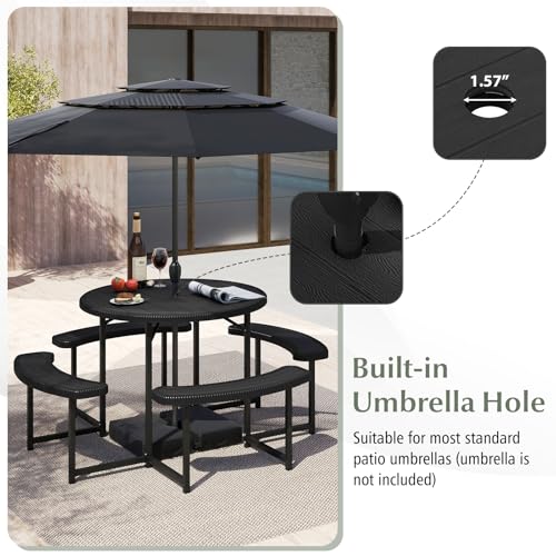 Byroce 8-Person Picnic Table for Outdoors, HDPE Picnic Table Set with 4 Benches, Umbrella Hole & Metal Frame, Heavy Duty Round Dining Table Chairs for BBQ Party in Patio, Yard & Poolside (Black) - color: Black
