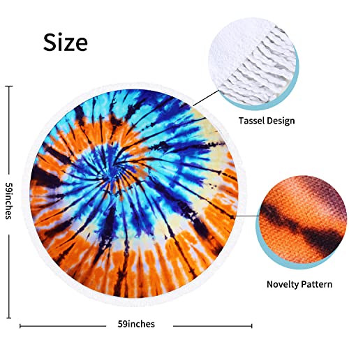Benefeet Sox Beach Towel Large Round Mandala Pool Towels Tassels Microfiber Quick Dry Beach Blanket Throw Bohemian Roundie Swim Pool Circle Towel, 59 Inches - color: Tie Dye, Blue Orange