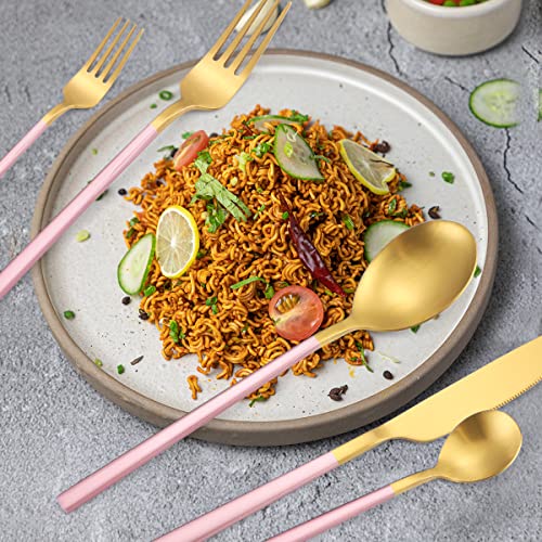 AARAINBOW 6 Pieces Stainless Steel Flatware Set Portable Reusable Cutlery Set Travel Utensils Set Including Chopsticks Knife Fork Spoon Straws Cleaning Brush Dishwasher Safe (B-Pink golden) - color: B-Pink golden