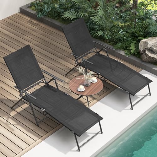 Giantex Lounge Chair Outdoor Set of 2 - Tanning Chair with 6 Adjustable Backrest, 2-Level Footrest, Folding Sunbathing Lounger for Patio, Poolside, Yard, Chaise Lounge Chair, Beach Chair (Black) - color: Black