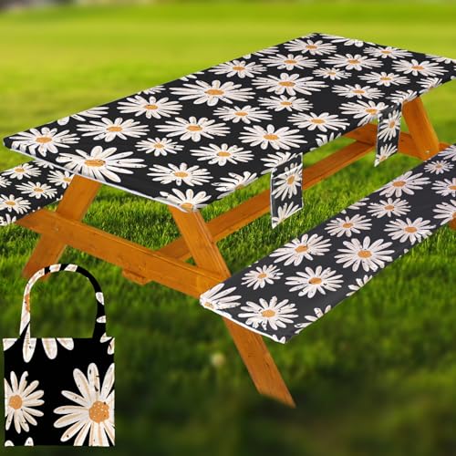 Fitted Picnic Table Cover with Bench Covers, Windproof Vinyl Table Cloths Outside Camping Cooking Backyard Furniture Seat Cushion Tablecloth Activities Party Decor Decorations Para Acampar Equipment - color: Black Daisy, size: 72in