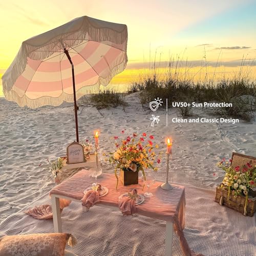 AMMSUN Boho Fringe Umbrella Outdoor Patio, 6.5ft UPF50+ Picnic Umbrella with Tassels with Steel Pole and Push Button Tilt, Pink Stripes - color: Pink Stripes