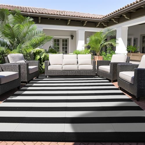 Outdoor Rug 8 x 10 ft, Reversible Plastic Straw Rug for Patio, Waterproof Large Outdoor Carpet for RV, Patio, Camping, Backyard, Deck, Picnic, Beach, Black & White - color: Black/White, size: 8'x10'