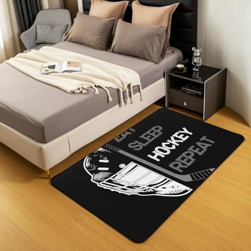 Hockey Area Rug 3x5 for Kids Boys Teens,Black Grey Eat Sleep Hockey Indoor Floor Mat Non Slip,Ice Hockey Player Carpet Bedroom Decor,Graffiti Winter Sports Game Area Runner Rug - color: Color 20, size: 4'11" x 3'3" (Rectangular)