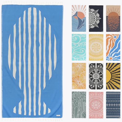 FESHKA Sand Proof Turkish Beach Towel – Oversized, Quick Dry & Lightweight Travel Towel - 100% Organic Cotton Beach Blanket - Perfect for Bath, Pool & Picnic | Blue Stripes (Blue) - color: 24 - Blue
