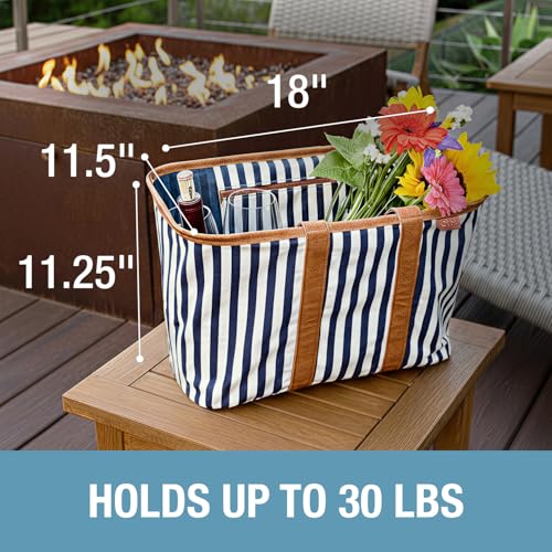 CleverMade Collapsible LUXE Tote, 30L Foldable Grocery Shopping Bag, Reusable - color: Navy Stripe