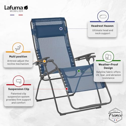 Lafuma Futura XL Zero Gravity Portable Ergonomic Outdoor Steel Framed Lawn Patio Recliner Folding Lounge Chair with Headrest Cushion, Ocean Blue - color: Blue (Ocean), style: XL Futura Zero Gravity