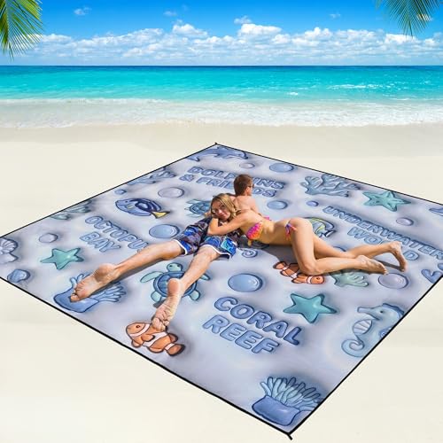 WIWIGO Beach Blanket Waterproof Sandproof Beach Mat 79" X 83"/10'x9'for 2-8 Adults Quick Drying Outdoor Picnic Mat Beach Accessories for Travel, Camping, Hiking - color: 3d - Ocean Light Blue, size: 79" X 83"（1-4person）