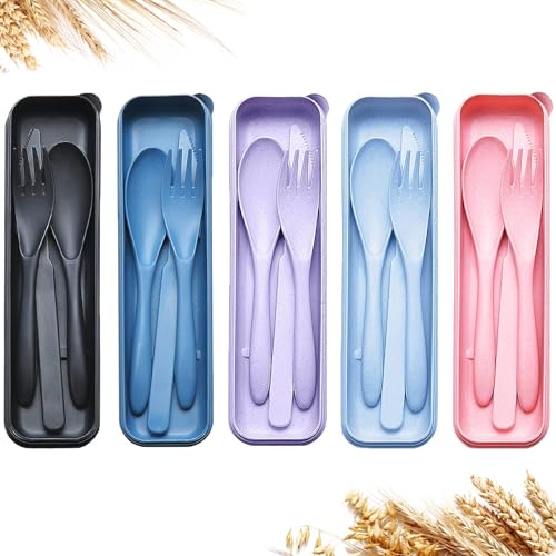 Reusable Travel Utensils Set with Case, 5 Sets Wheat Straw Portable Plastic Fork Spoons Knife Cutlery, Camping Eco-Friendly BPA Free Tableware for Kids Adults Work Picnic or Daily Use (5 Colors) - color: 5 Colors