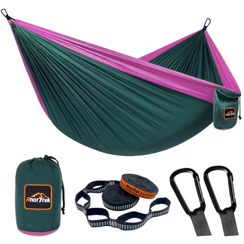 AnorTrek Camping Hammock, Super Lightweight Portable Parachute Hammock with Two Tree Straps Single or Double Nylon Travel Tree Hammocks for Camping Backpacking Hiking - color: Dark Green&fuchsia, size: Double 118''L x 78''W