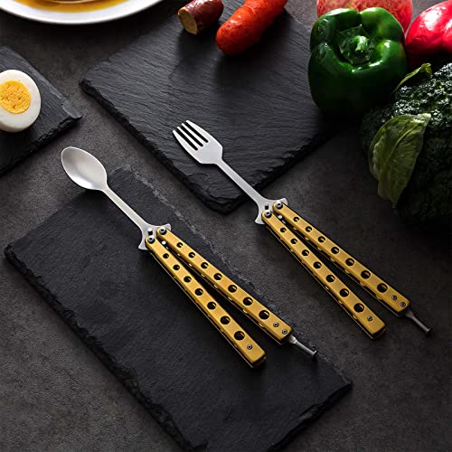 Flutesan 2 Pcs Butterfly Fork and Spoon Set, Folding Stainless Steel Fork Tactical Butterfly Spoon for Travel BBQ Kitchen Camping Hunting(Gold) - color: Gold