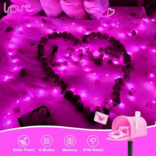 QITONG 4 Pack Solar Fairy Lights, Each 33ft 100 LED Pink Christmas String Lights Outdoor Waterproof, 8 Modes Copper Wire Twinkle Mini Lights - color: Pink, size: 4Pack*100LED