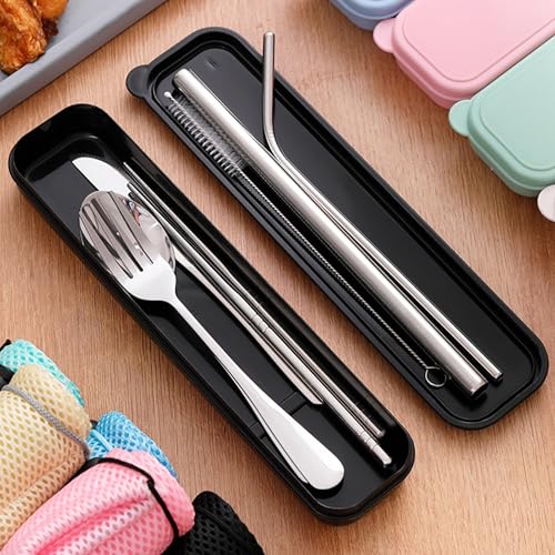 Travel Utensils with Case, Cutlery Set Portable Camp Reusable Flatware Silverware, 7 Pcs Stainless Steel Reusable Cutlery Set, Include Fork, Spoon, Knife, Chopsticks, 2 x Straws & Straw Cleaner Brush - color: Black