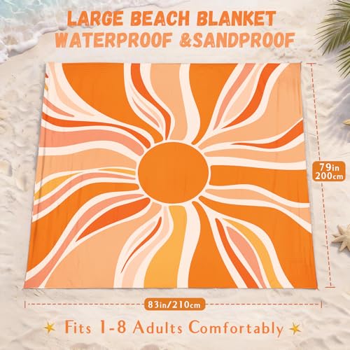 AlphaBeing Beach Blanket Waterproof Sandproof, Extra Large Beach Mat for 1–8 Adults, Oversized Picnic Blanket with 4 Stakes & Storage Bag, Essential Beach Gear for Travel - color: Sun, size: 120“×108”