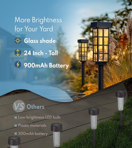 PASAMIC Solar Pathway Lights Outdoor, 24 Inch Tall Solar Landscape Lights, IP65 Waterproof Outdoor Lights, Warm White LED Solar Garden Lights for Yard Patio Lawn Driveway Walkway Path Lighting - color: Black（Glass）