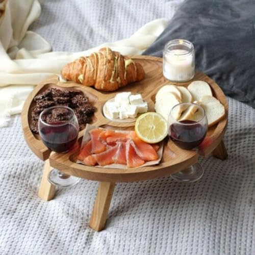 Portable Wooden Picnic Table with Wine Glass Holder - Foldable 2-in-1 Outdoor Snack Tray for Cheese & Fruit, Collapsible Camping Table with Integrated Glass Rack - color: A