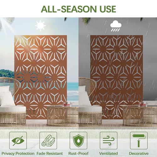Cofar Metal Privacy Screen Outdoor 72" H×44" W -Brown Freestanding Outdoor Privacy Panels with Stand, Decorative Fence for Patio, Deck, Balcony（Floral） - style: 3-Panels Floral_Brown