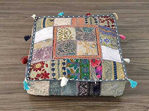 Mam Treasures Indian Bohemian Decorative Pillow Vintage Cushion Cover Patchwork Square Floor Pillow Cover Meditation Cushion Large Floor Pillow Indian Cushion (Gray, 16 X 16 X 5 Inch) - color: Gray, size: 16" x 16" (Pack of 1)