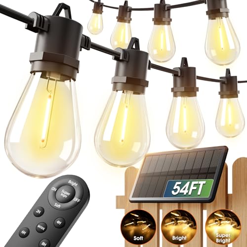 addlon 54FT(48+6) Solar String Lights Outdoor Waterproof with USB Charging & Remote Control - Dimmable Solar Power Patio Lights with LED Bulbs for Porch, Garden, Yard, Market, Bistro - Last for 20+Hrs - size: 48+6FT(16 Sockets)