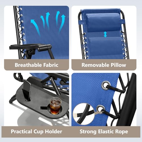 Zero Gravity Chairs Set of 2, Adjustable Lounge Chair Outdoor Recliner, Folding Reclining Lawn Chair, Anti Gravity Chair with Pillow & Cup Holder for Pool Camping Sunbathing Beach Patio (Blue) - color: Gentian Blue, size: 2pcs