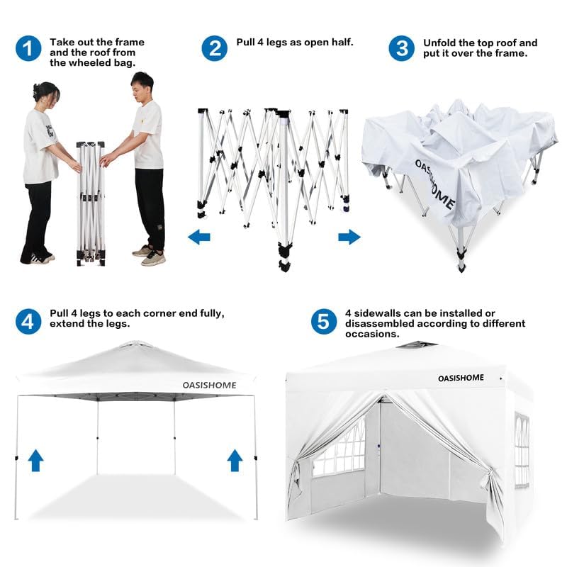 OASISHOME Pop-up Gazebo Instant Portable Canopy Tent 10'x10', with 4 Sidewalls, Windows, Wheeled Bag, for Patio/Outdoor/Wedding Parties and Events (10FTx10FT, White) - color: White