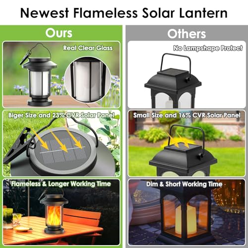 Greluna Solar Lantern Outdoor Waterproof, Flickering Flameless Solar Lights Hanging Lantern, Auto On/Off Decorative Solar Garden Lights for Patio Yard Porch Pathway Camping Decor