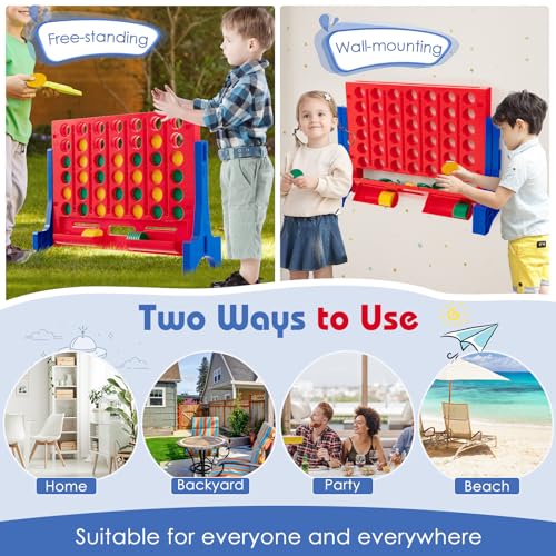 COSTWAY Giant 4-in-a-Row Game with Storage Carry Bag, Jumbo 4-to-Score Game w Chess, Quick Release Slider for Kids Adults, Indoor Outdoor Backyard Connect Game Set (Blue&Red) - color: Blue&red