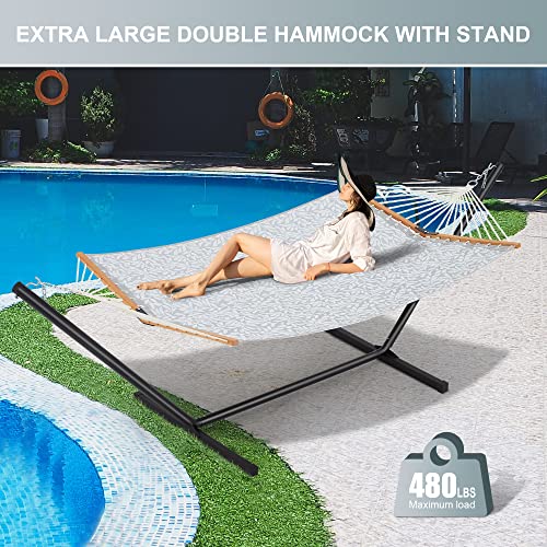 Homgava Two Person Hammock with Stand for Outside Heavy Duty, Outdoor Patio Hammock with Portable Steel Stand, Large Double Hammocks with Quick Dry Textilene Fabric,480lbs Capacity.(Grey White) - color: Grey White