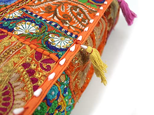 Mam Treasures Indian Bohemian Decorative Pillow Vintage Cushion Cover Patchwork Square Floor Pillow Cover Meditation Cushion Large Floor Pillow Indian Cushion (Orange, 16 X 16 X 5 Inch) - color: Orange, size: 16" x 16" (Pack of 1)