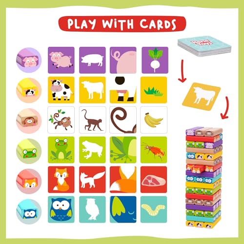 Nene Toys Wooden Tumble Tower Game with Animals & Colors, 4-in-1 Educational Family Board Game for Kids Ages 3-9, Creativity & Cognitive Skills Booster - Gift for Boys Girls 3+ Years - style: Animals