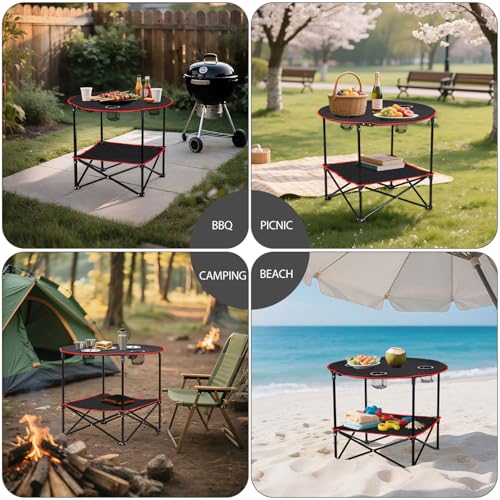 HomGarden 28" Portable Folding Picnic Table Outdoor Camp Table Round 2-Tier with 4 Cup Holders,Portable Tables Folding for BBQ Fishing Beach Table for Party Black