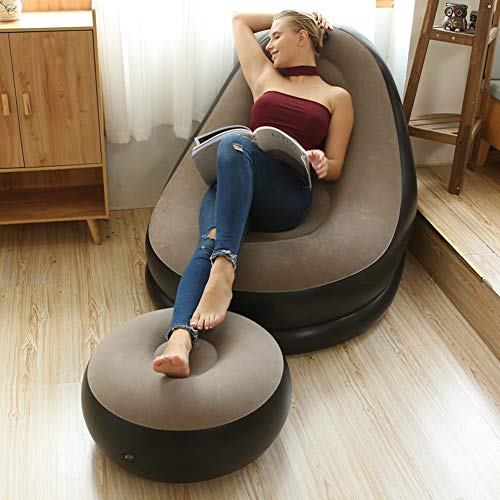 Inflatable Lounge Chair for Adults, Portable Folding Inflatable Blow Up Couch with Foot Stool, Lazy Flocking Recliner Chair Air Sofa for Indoor Outdoor Travel Camping (No Pump)(Coffee) - color: Coffee